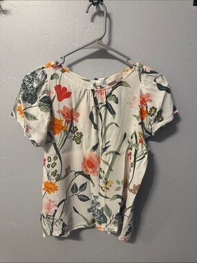 LOFT White Floral Puff-Sleeve Top with Multicolor Blooms